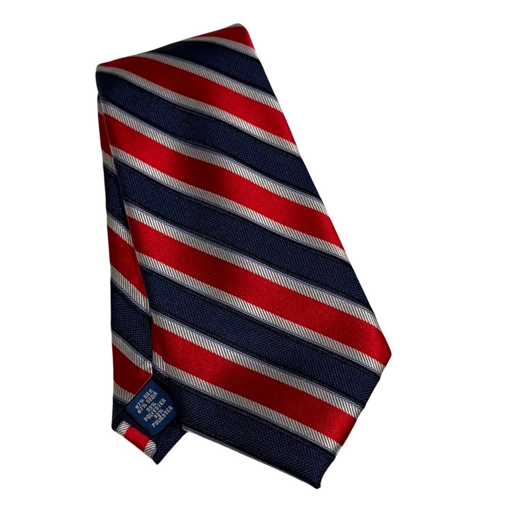 Saddlebred Mens Silk Blend Striped Necktie Red Navy Blue Silver Regimental Tie